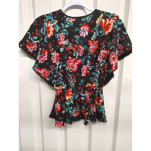 Monteau Floral Top Shirt Lace Trim Elastic Waist Blouse Medium Multi Color - Picture 7 of 8